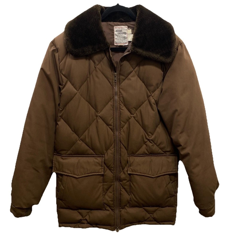 Vtg Brian Gregory Down Filled Diamond Quilted Brown Puffer Coat Faux Fur Collar